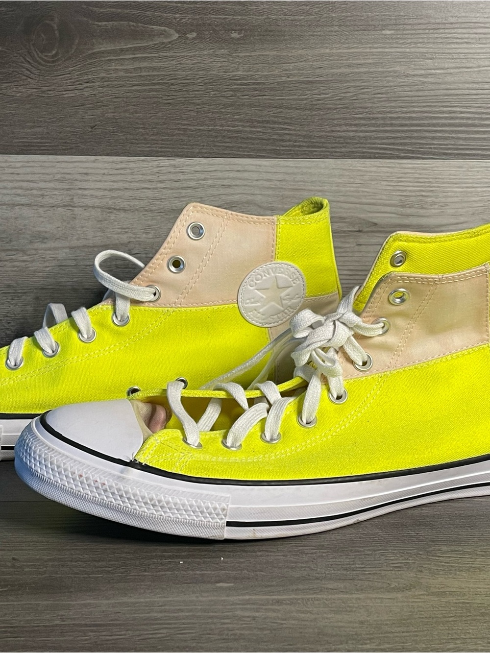 Converse High Top Sneakers in Neon Yellow and Cream - Picture 6 of 16